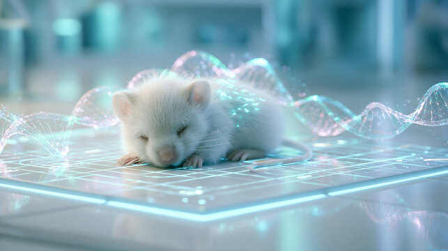 White laboratory mouse sleeping on glowing digital grid with floating DNA double helix strands
