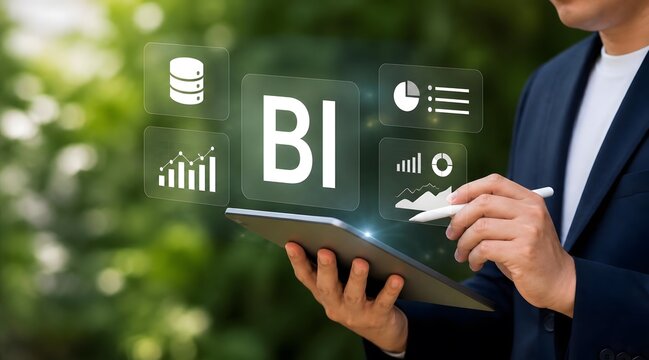 Business intelligence, man and tablet with BI dashboard for data analysis, finance and corporate strategy. Professional, digital and statistics with growth, marketing and success for commerce. Work.