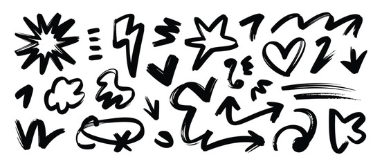 Graffiti doodle shapes vector, bold brush drawn street art symbols, thick heart and star icons, funky hand drawn sticker style, naive graphic design elements. © AYAT 01
