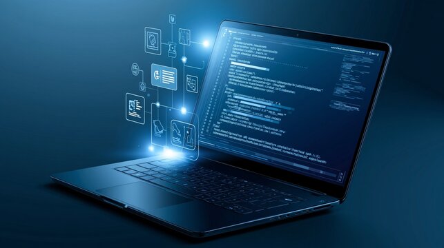 Software, web development, programming concept. Abstract Programming language and program code on screen laptop. Laptop and icons company network . Technology process of Software development 





