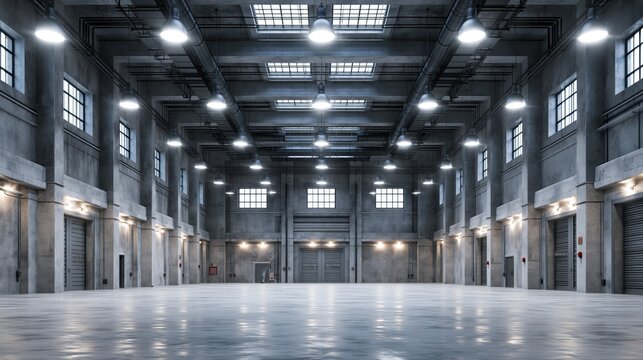 Spacious industrial warehouse featuring bright overhead lights, large open area, and tall ceilings. concrete walls and floor create a versatile environment for storage or events. 3d render.