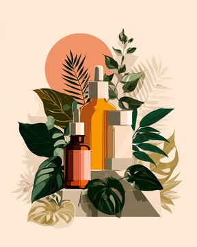 Botanical skincare droppers and amber serum bottles arranged with tropical leaves and a warm sun graphic