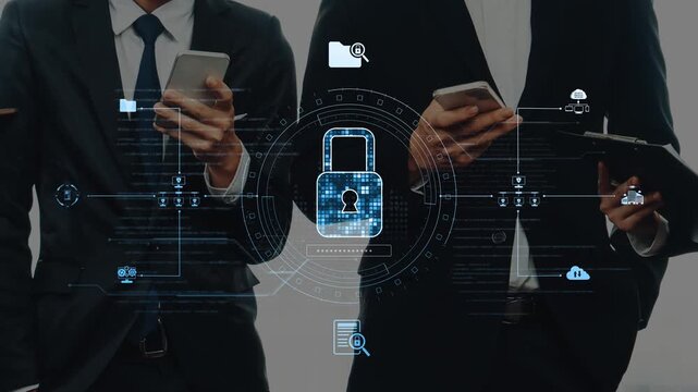 A group of business professionals interacts with mobile devices while emphasizing cybersecurity measures in a digital environment, showcasing data protection trends. Raster