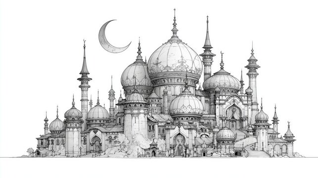 Stylized Global Village Building Line Art, Black and white line drawing illustration of a fantasy-style building complex with multiple domes, spires, and intricate details. Features a crescent moon