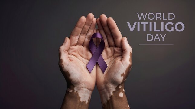 Hands with vitiligo holding purple ribbon for world vitiligo day awareness