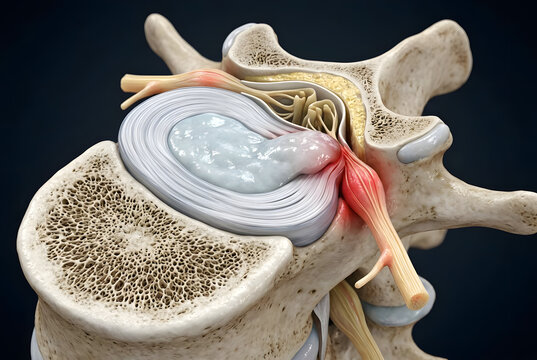 Cross-section medical illustration of lumbar intervertebral disc herniation compressing spinal nerve root
