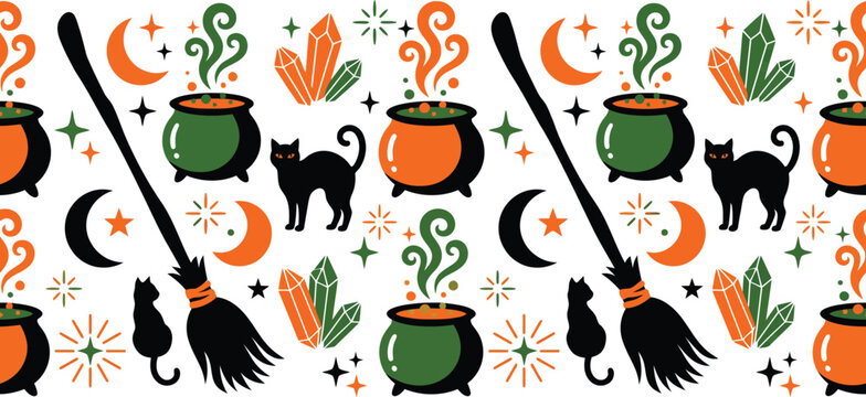 A seamless horizontal pattern of Halloween motifs including cauldrons, cats, and crystals.