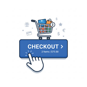 Online Shopping Cart Checkout Button Clicked by Cursor, Purchase Process Concept