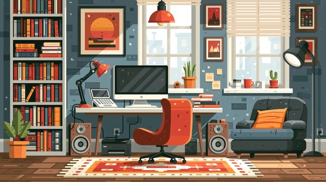 Vector image of the workroom with computer, books, poster, speakers and luminous