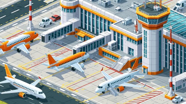 Vector isometric airport building with traffic control tower and airplanes on the apron and runway