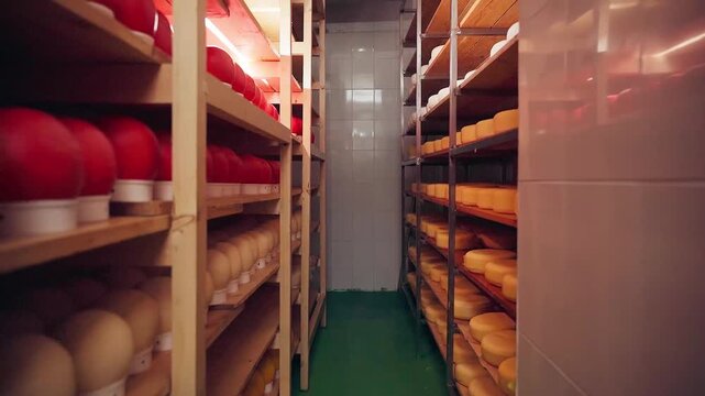 Whole Dutch red Edam cheese. Dutch cheese edam, gouda, piece and whole round wheel in a cheese store. Traditional Netherlands fresh product.