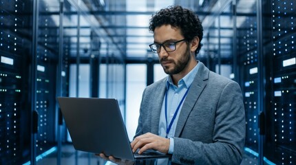 Obraz premium IT specialist managing cloud servers and data security in a high-tech data center.