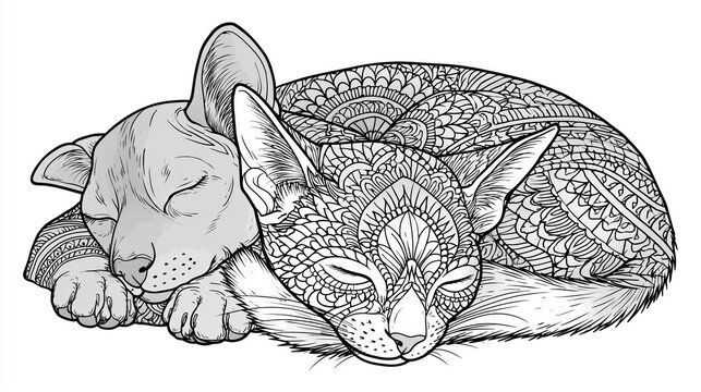 Zentangle Stylized Animal (Dog or Cat) Pattern Coloring Page, Detailed black and white line art illustration of a stylized animal, possibly a dog or cat, curled up and sleeping. The image features