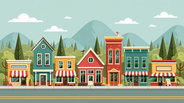 Set of buildings in the style of small business flat design. Roads and city against the sky and green hills. Infographic of architecture of a small town.