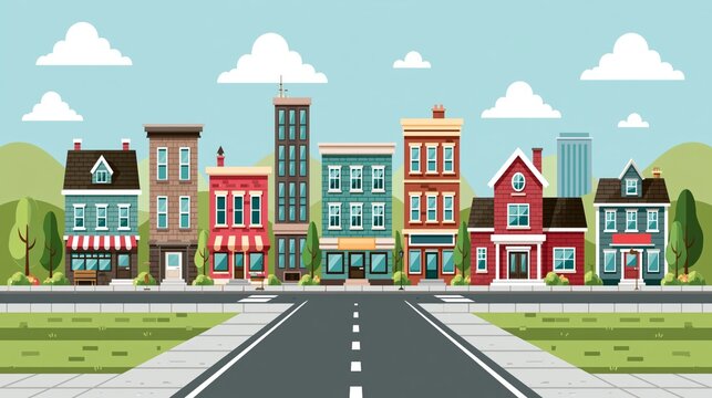 Set of buildings in the style of small business flat design. Roads and city against the sky and green hills. Infographic of architecture of a small town.