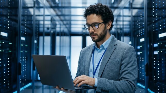 IT specialist managing cloud servers and data security in a high-tech data center.