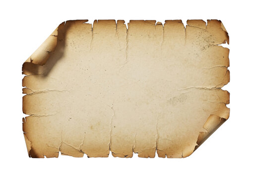 Distressed ancient burned parchment scroll with dark edges and curled corners isolated on transparent background