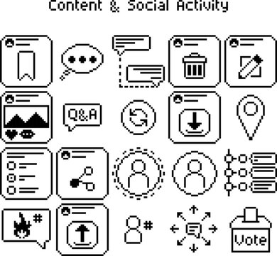 Pixel Art Content and Social Activity Icon Set