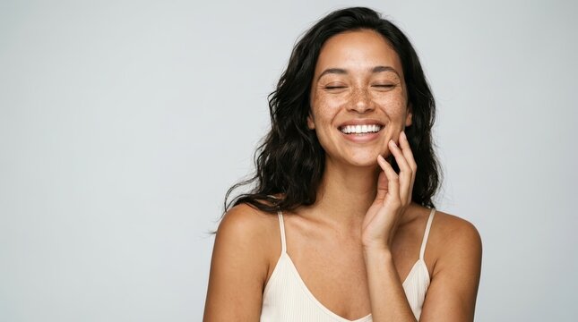 Portrait of a happy acne prone woman with freckles against a minimalist grey background.