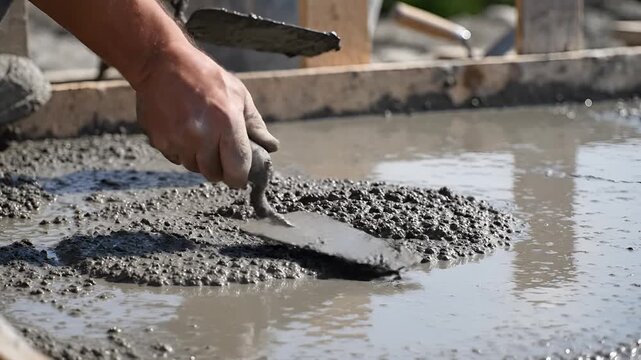 Construction worker smoothing wet concrete with a trowel on a sunny day.