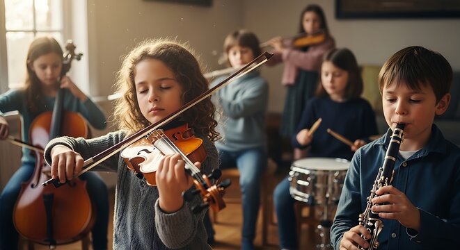 Children playing string instruments in music class.