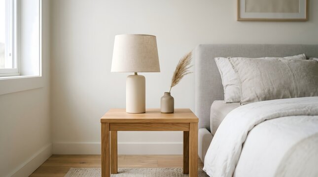 Cozy bedroom scene with a wooden nightstand, lamp, and bed with pillows and a comforter.