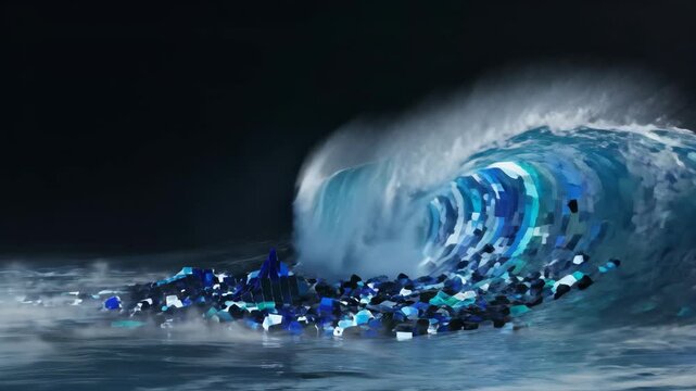Digital mountain landscape made of blue cubes shattering into a massive crashing ocean wave, high quality 3d motion graphics simulation.