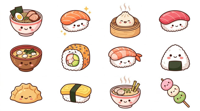 Cute Kawaii Japanese Food Collection Illustration.