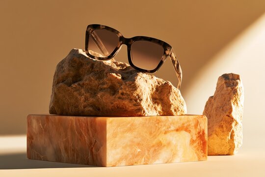 Stylish sunglasses on decorative stones.