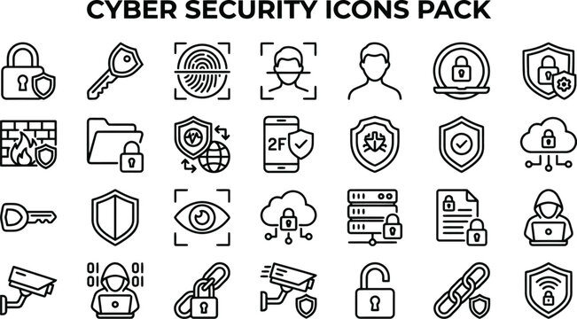 Comprehensive collection of linear cyber security icons featuring protection symbols, biometric authentication, digital privacy, and network safety monitoring elements design