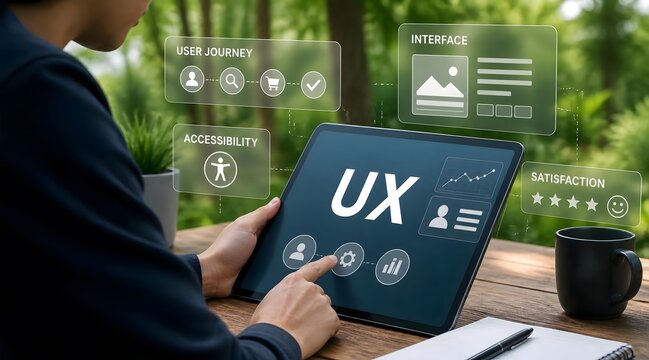 UX user experience and interface design with person using tablet for web application, mobile app development and customer journey. Technology, digital and online software with satisfaction stars and 