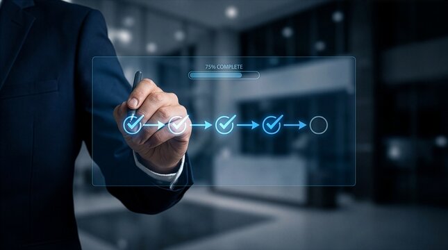 progress tracking workflow checklist with task completion steps and digital interface using stylus on business dashboard for productivity improvement time management and efficient process