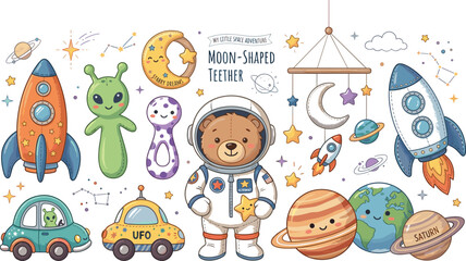 Baby Space Adventure Vector Set Featuring Astronaut Bear Rocket Ship Moon Teether and Planet Mobile for Whimsical Nursery Branding © Mrinal