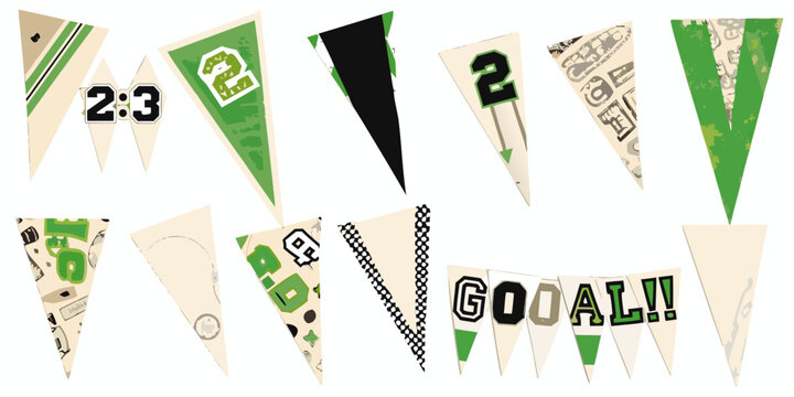 Pennant banners with numbers and text on a white background