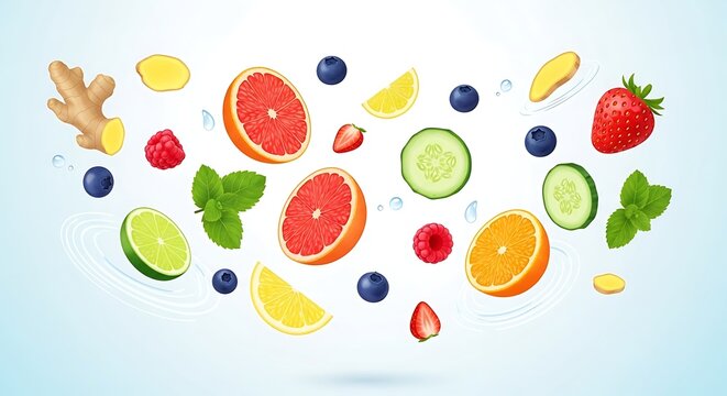 Colorful fruit and vegetable pattern on white background.