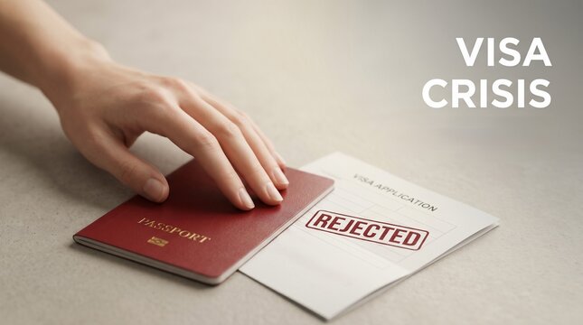 Hand holding passport with rejected visa application on table
