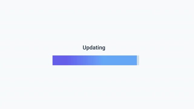 Animated updating progress bar with gradient loading indicator and status text. Clean flat motion graphic for software updates, system upgrades, data synchronization, maintenance tasks, and digital te