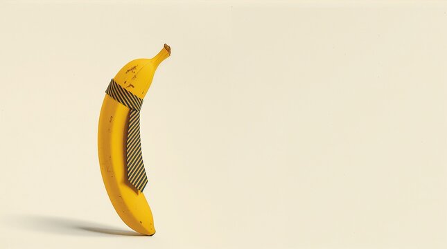 Yellow banana wearing striped necktie on neutral beige background business dress code concept