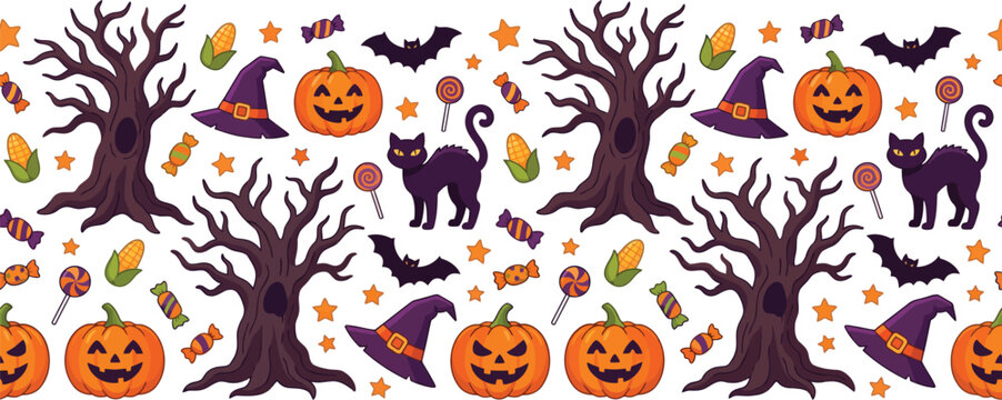 A whimsical Halloween repeating pattern with spooky trees, pumpkins, and black cats.