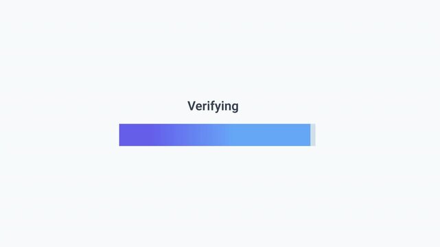 Animated verifying progress bar with gradient loading indicator and status text. Clean flat motion graphic for validation processes, data verification, security checks, system diagnostics, and digital