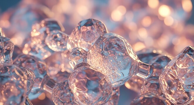 A closeup view of a chain made of clear glass or plastic beads with a blurred background