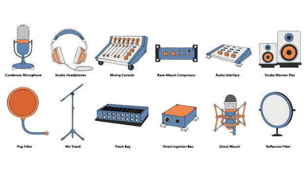 Studio Recording Equipment Flat Vector Illustration Music And Instruments Icon Collection Set with Condenser Microphone Mixing Console Audio Interface and Studio Monitor Isolated for Marketing and Pre