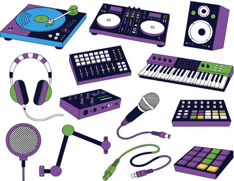 DJ and Electronic Music Equipment Scattered Flat Vector Illustration Music and Instruments Icon Collection Set with Turntable Mixer Synthesizer Headphones Isolated for Marketing Packaging and Presenta