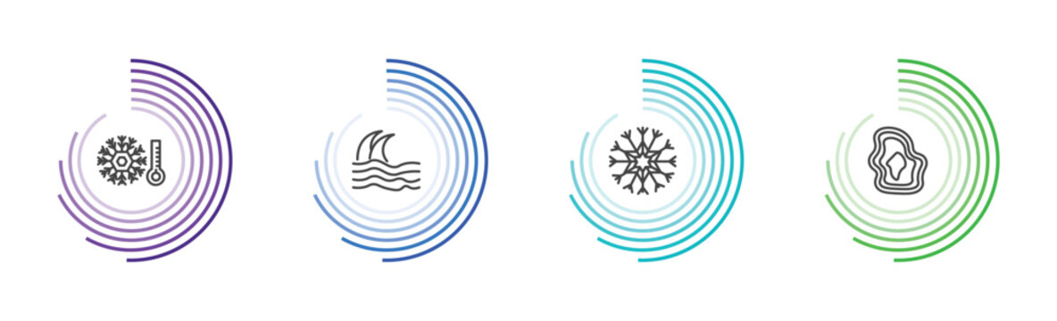 weather icon set with cold, tsunami, snow, isobars signs in flat outline style