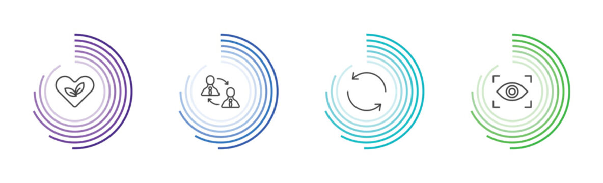 user interface icon set with ecologic heart, job transition, refresh button, viewer signs in flat outline style