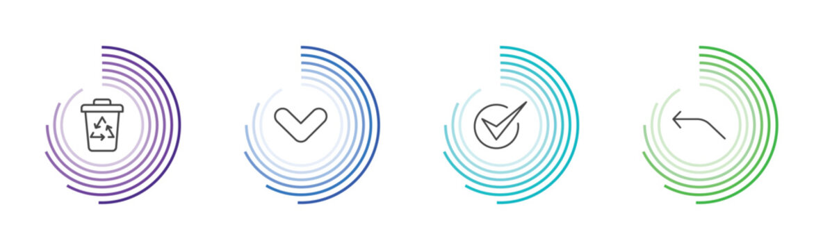 user interface icon set with recycling container, drop down, right, curve left arrow signs in flat outline style