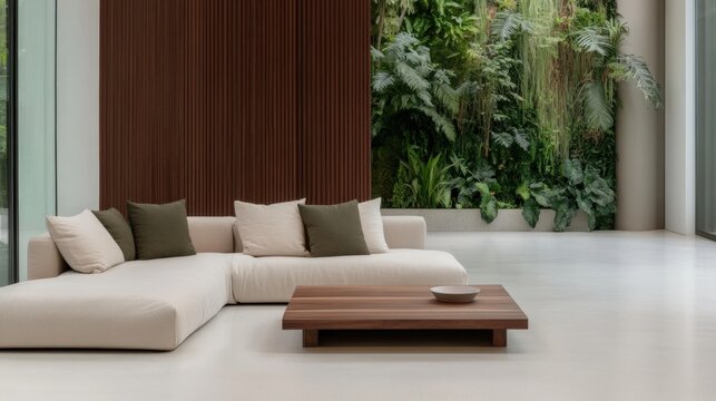Living Room with Cozy Sofa and Vertical Garden for Relaxation and Aesthetic Appeal