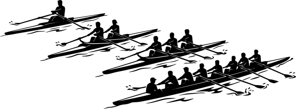 Silhouettes of single, double, quad, and eight-person rowing teams, sculling and sweep boats, competitive crew sport vector illustration, water racing ... See More
