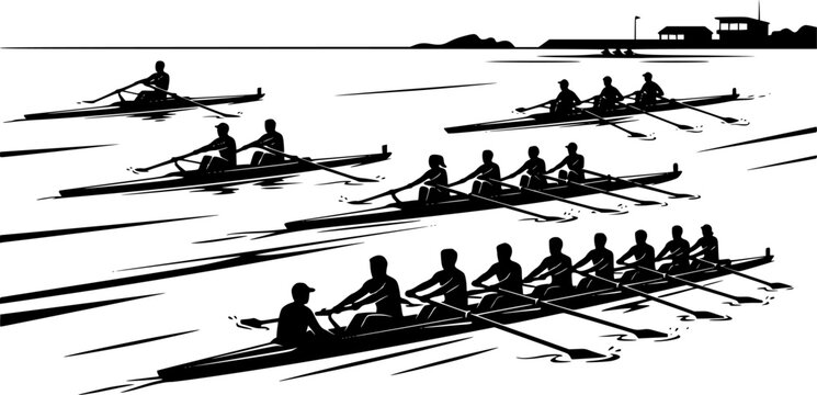 Silhouettes of single, double, quad, and eight-person rowing teams, sculling and sweep boats, competitive crew sport vector illustration, water racing ... See More
