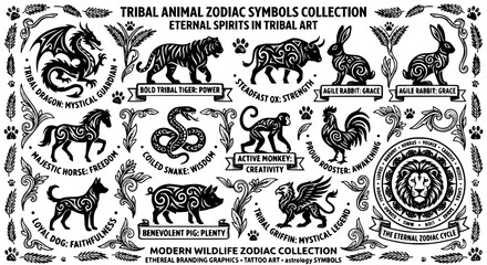 Stylized black tribal animal zodiac silhouette vector icon set © Jasim